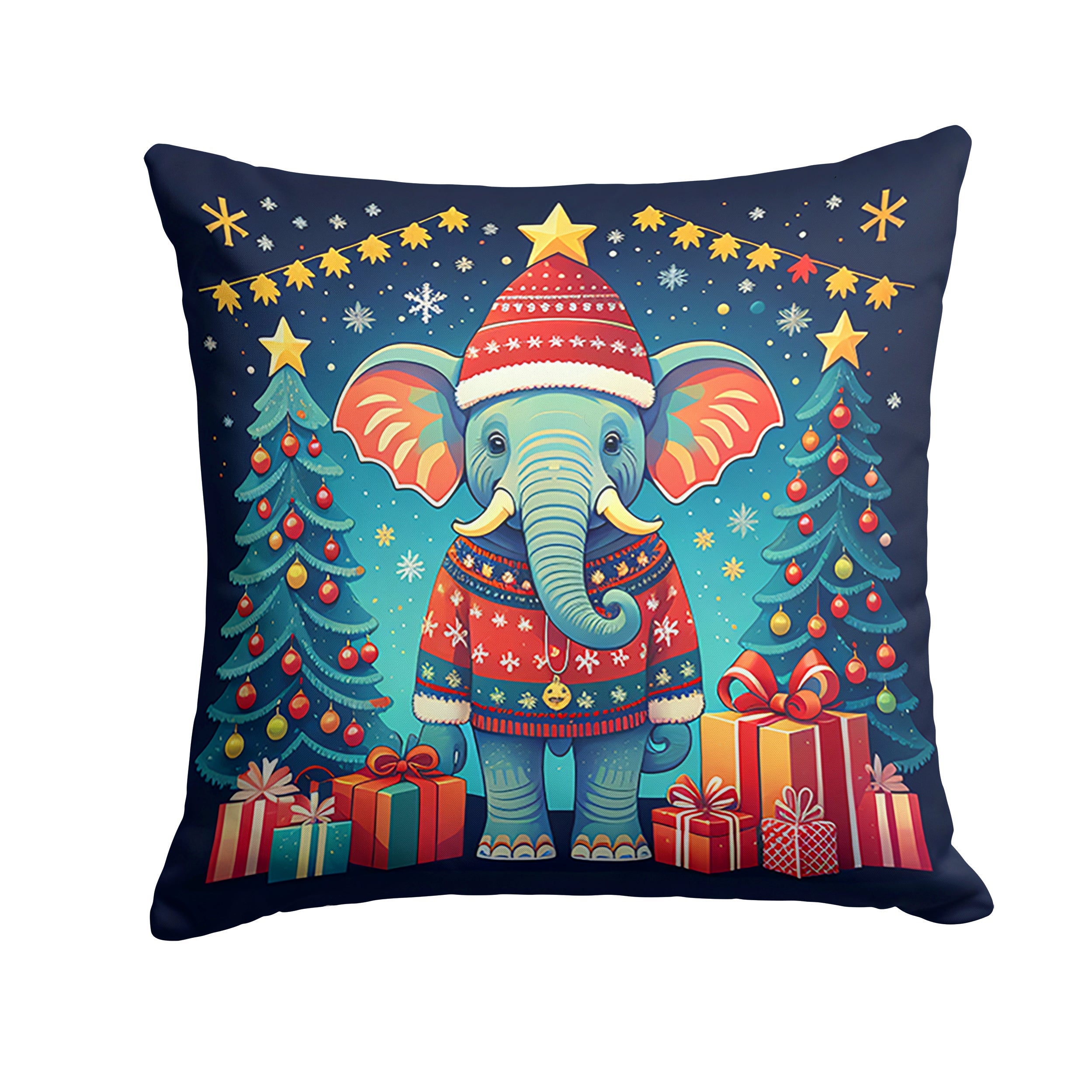 Elephant Christmas Decorative Throw Pillow 14x14 Indoor Outdoor Accent Cushion, Fabric Cover with Insert for Sofa, Bed, Porch & Living Room