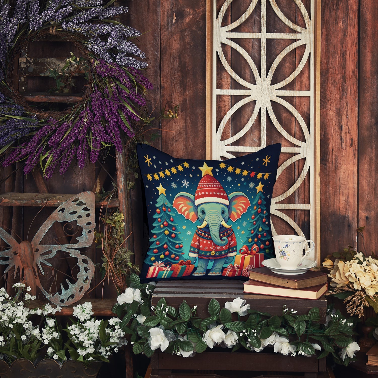 Elephant Christmas Decorative Throw Pillow 18x18 Indoor Outdoor Accent Cushion, Fabric Cover with Insert for Sofa, Bed, Porch & Living Room