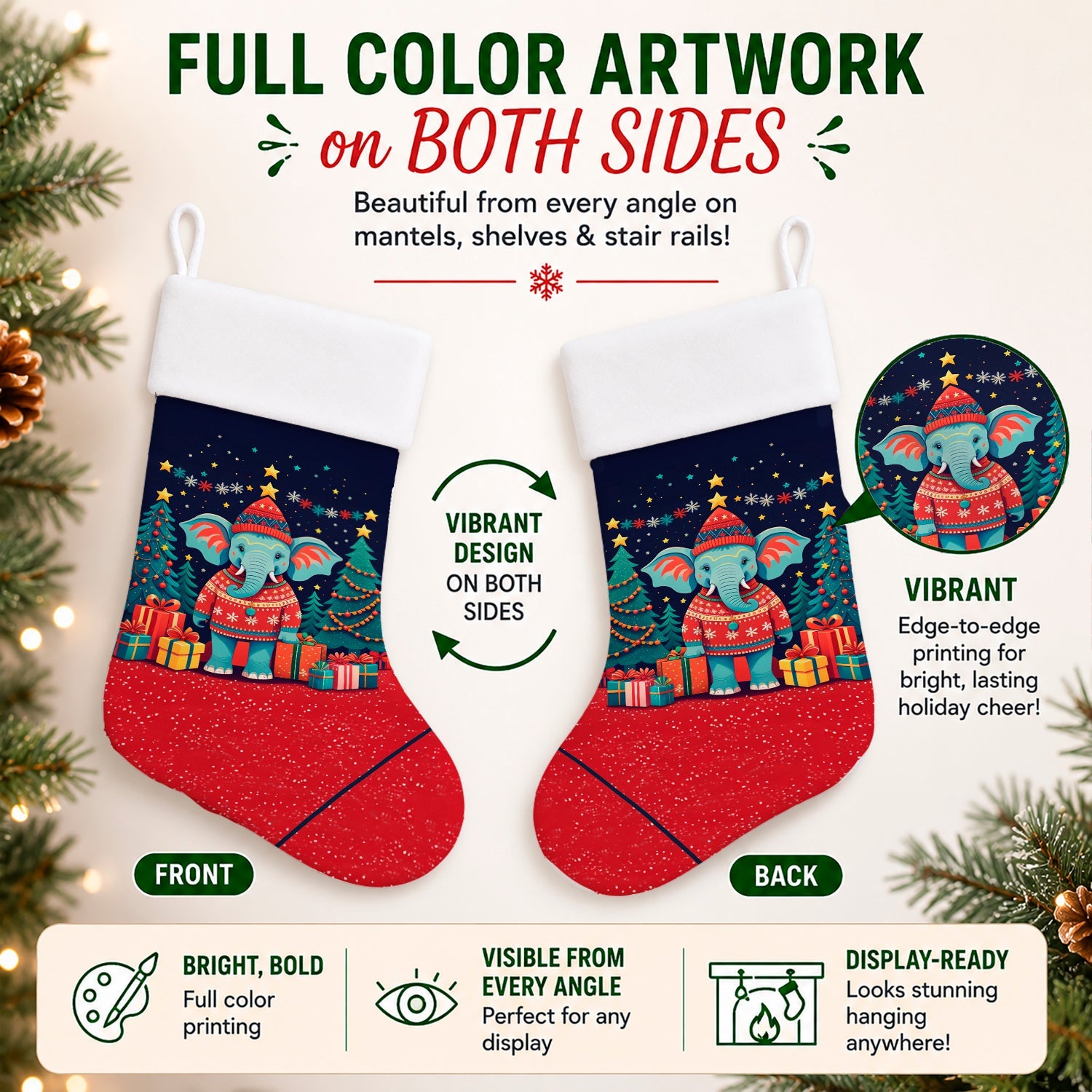 Elephant Christmas Holiday Stocking Double-Sided Print, Polyester Suede,11x18, Made in USA
