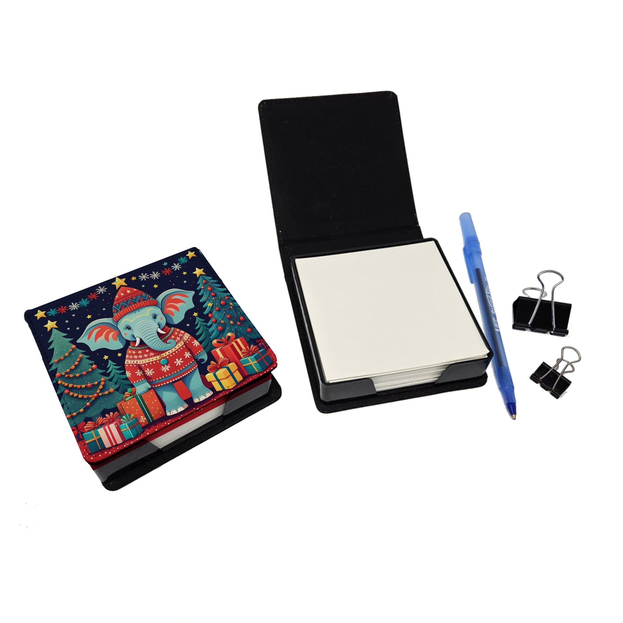 Elephant Christmas PU Leather Note Paper Holder with Artist-Designed Cover, Desk Accessory, Office Gift