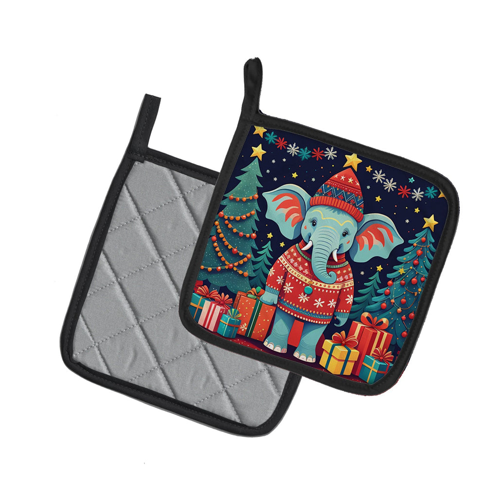 Elephant Christmas Pot Holder Set of 2 Heat Resistant Quilted Hot Pads 7.5 x 7.5 Inch, Insulated Kitchen Trivets for Cooking & Baking