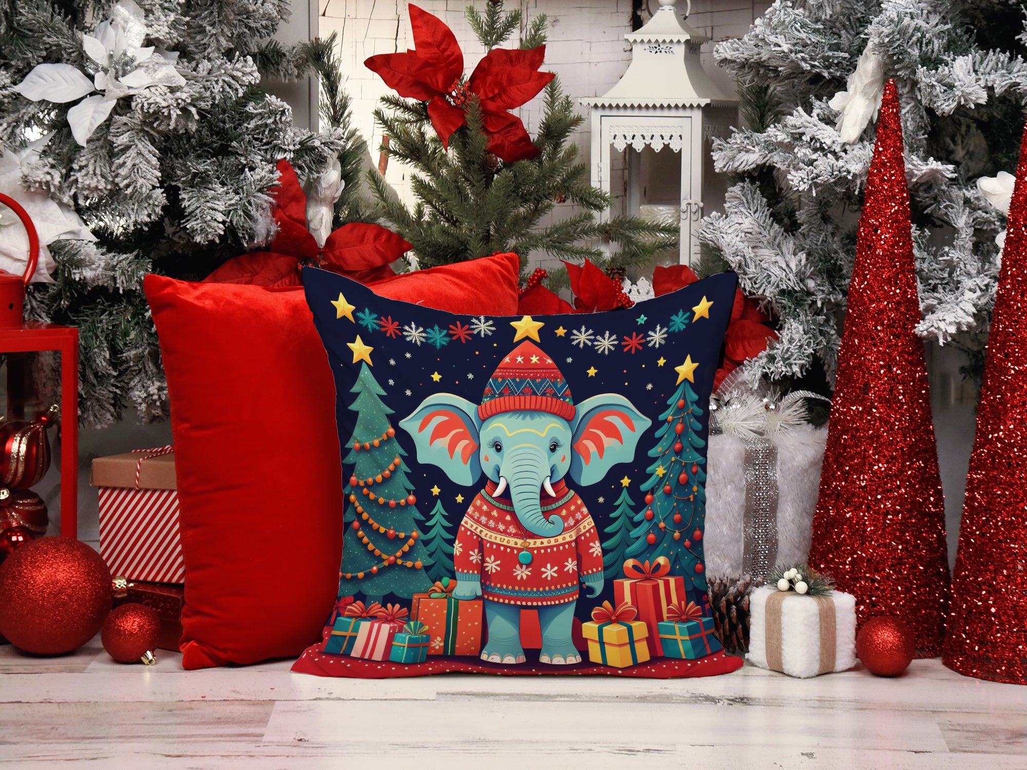 Elephant Christmas Decorative Throw Pillow 14x14 Indoor Outdoor Accent Cushion, Fabric Cover with Insert for Sofa, Bed, Porch & Living Room