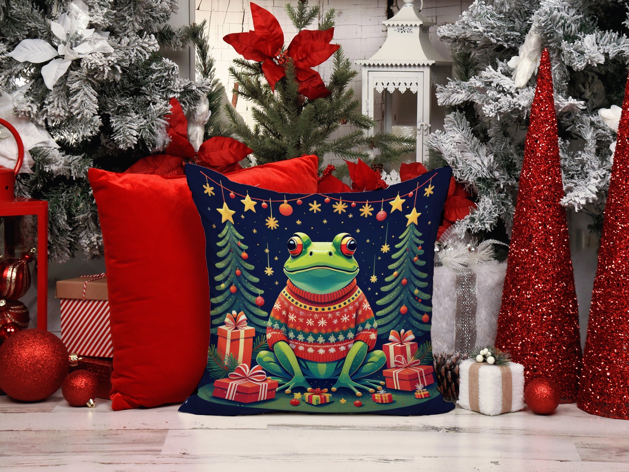 Frog Christmas Decorative Throw Pillow 14x14 Indoor Outdoor Accent Cushion, Fabric Cover with Insert for Sofa, Bed, Porch & Living Room