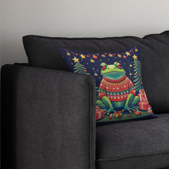 Frog Christmas Decorative Throw Pillow 14x14 Indoor Outdoor Accent Cushion, Fabric Cover with Insert for Sofa, Bed, Porch & Living Room