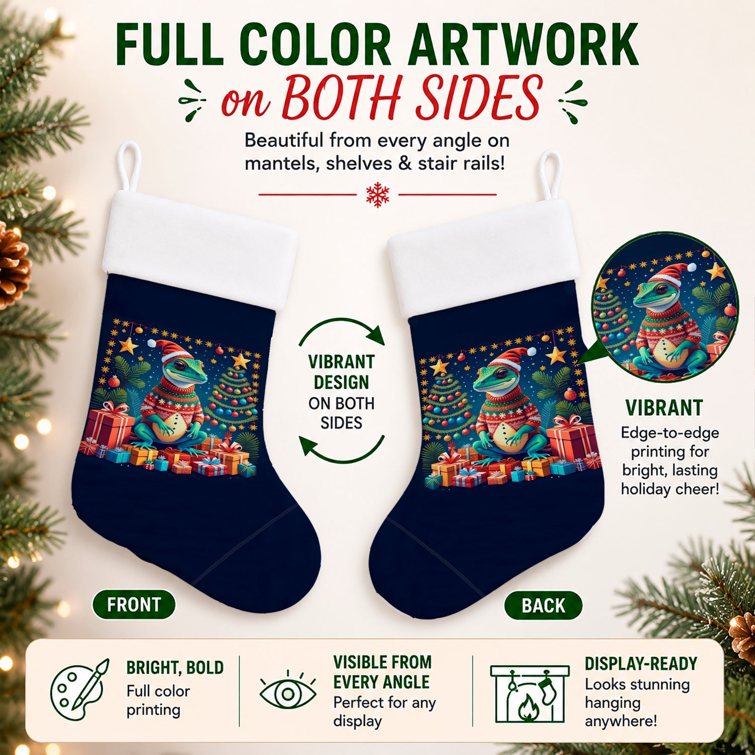 Gecko Christmas Holiday Stocking Double-Sided Print, Polyester Suede,11x18, Made in USA
