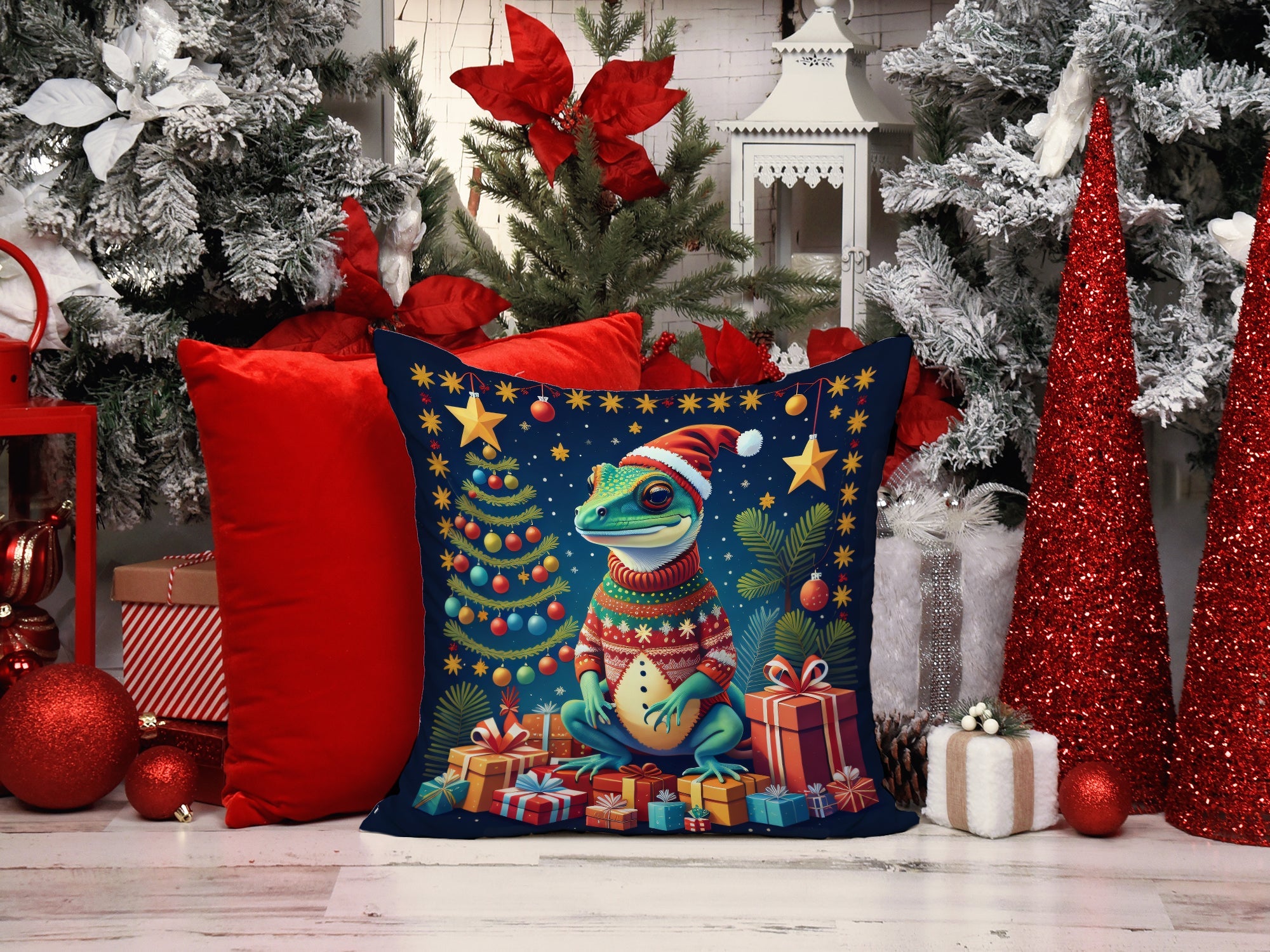 Gecko Christmas Decorative Throw Pillow 18x18 Indoor Outdoor Accent Cushion, Fabric Cover with Insert for Sofa, Bed, Porch & Living Room
