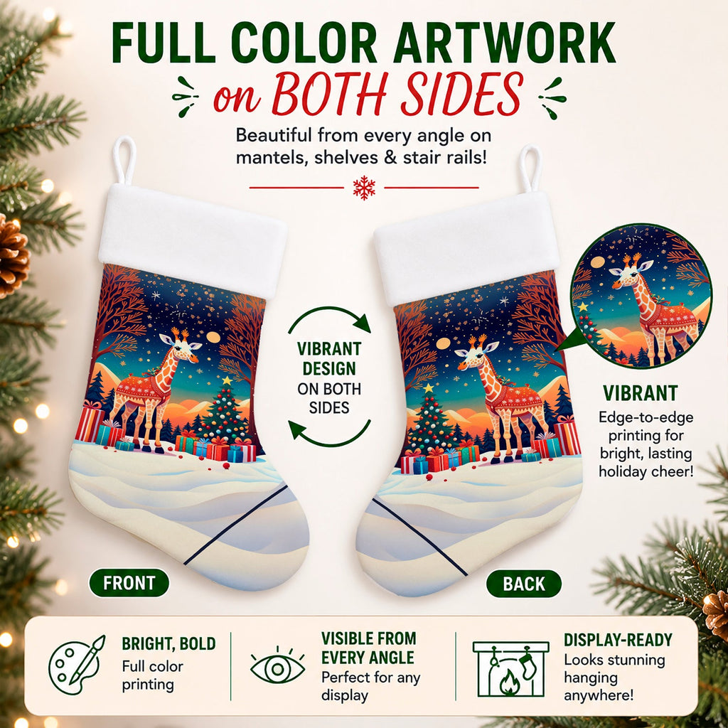 Giraffe Christmas Holiday Stocking Double-Sided Print, Polyester Suede,11x18, Made in USA