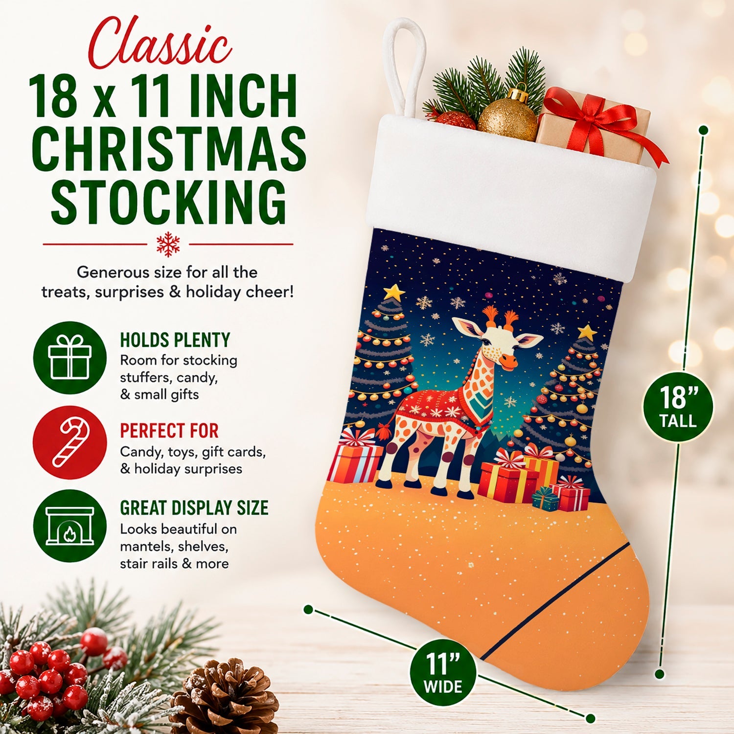 Giraffe Christmas Holiday Stocking Double-Sided Print, Polyester Suede,11x18, Made in USA