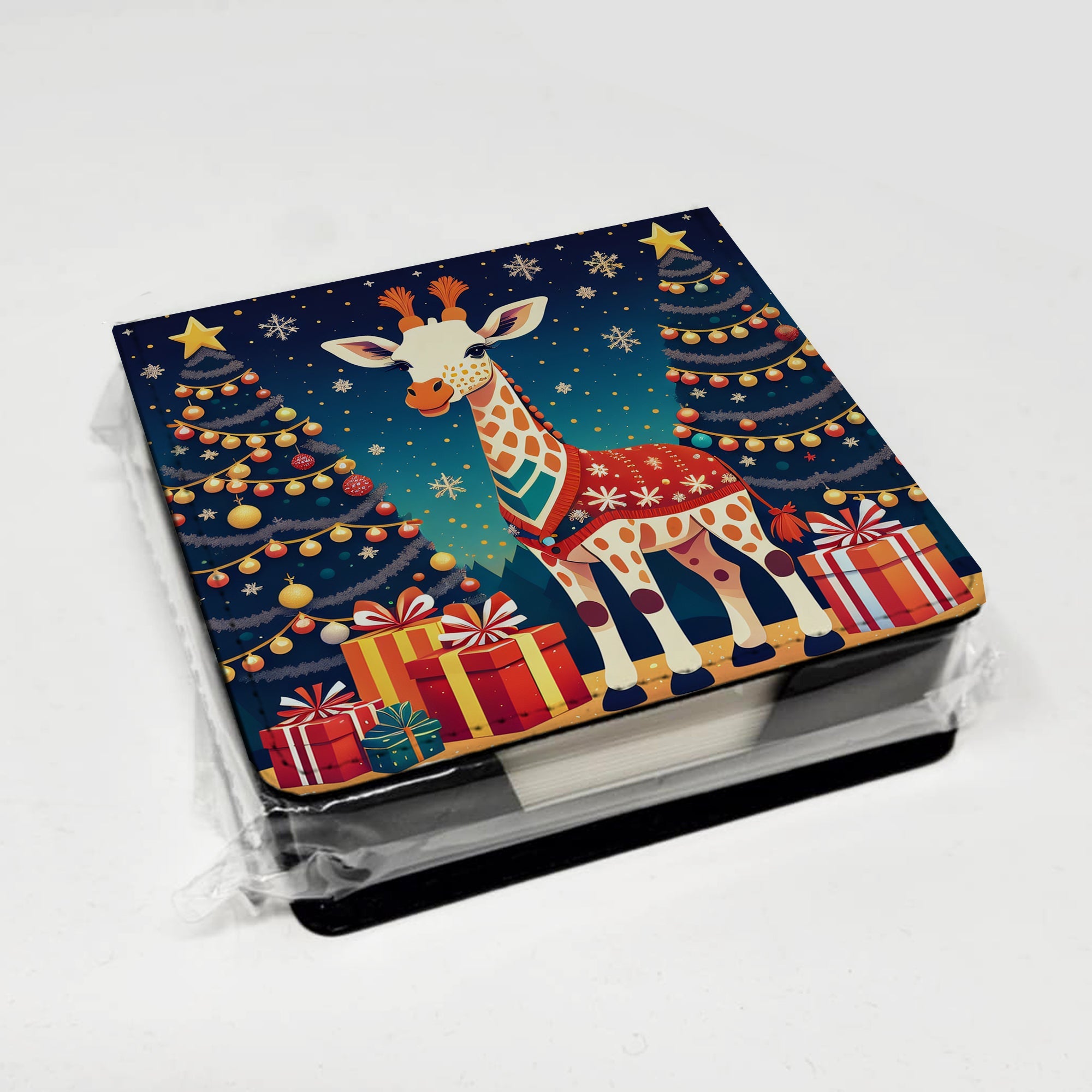 Giraffe Christmas PU Leather Note Paper Holder with Artist-Designed Cover, Desk Accessory, Office Gift