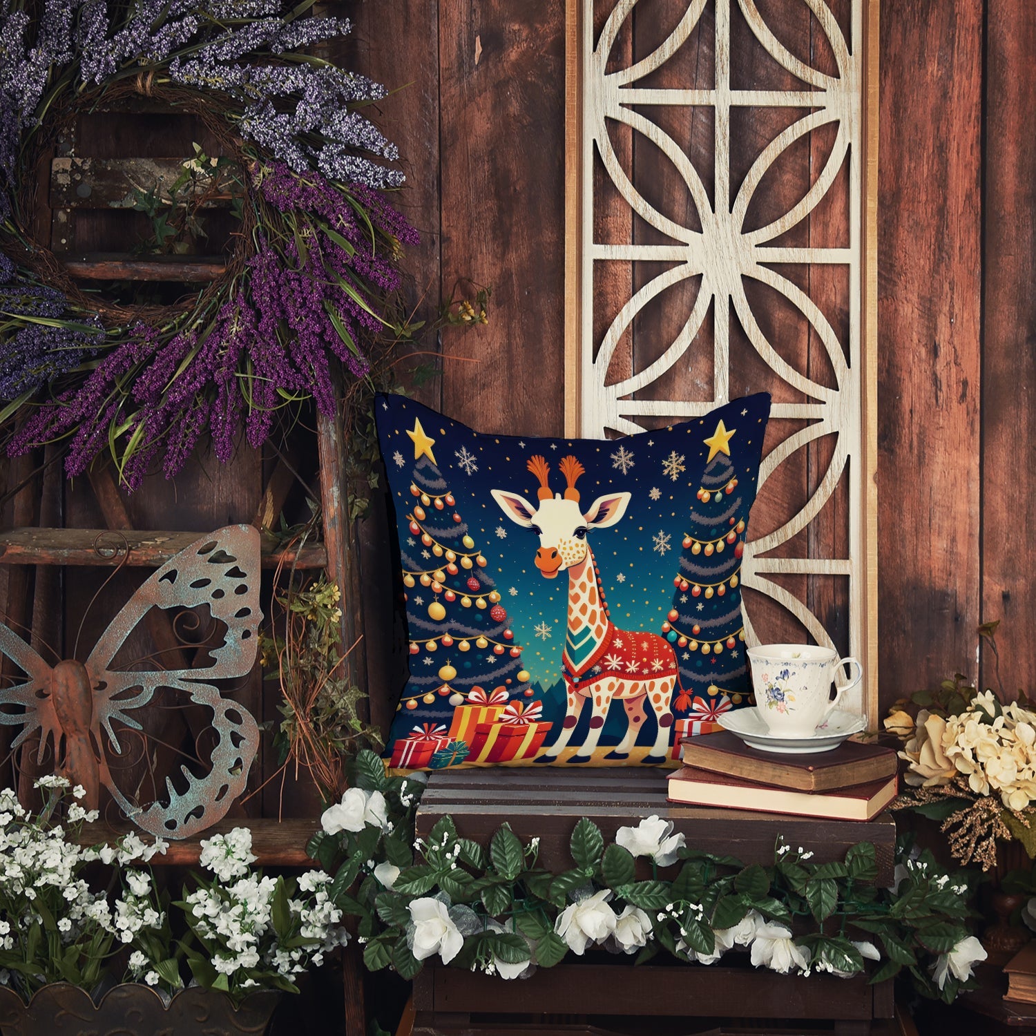 Giraffe Christmas Decorative Throw Pillow 18x18 Indoor Outdoor Accent Cushion, Fabric Cover with Insert for Sofa, Bed, Porch & Living Room