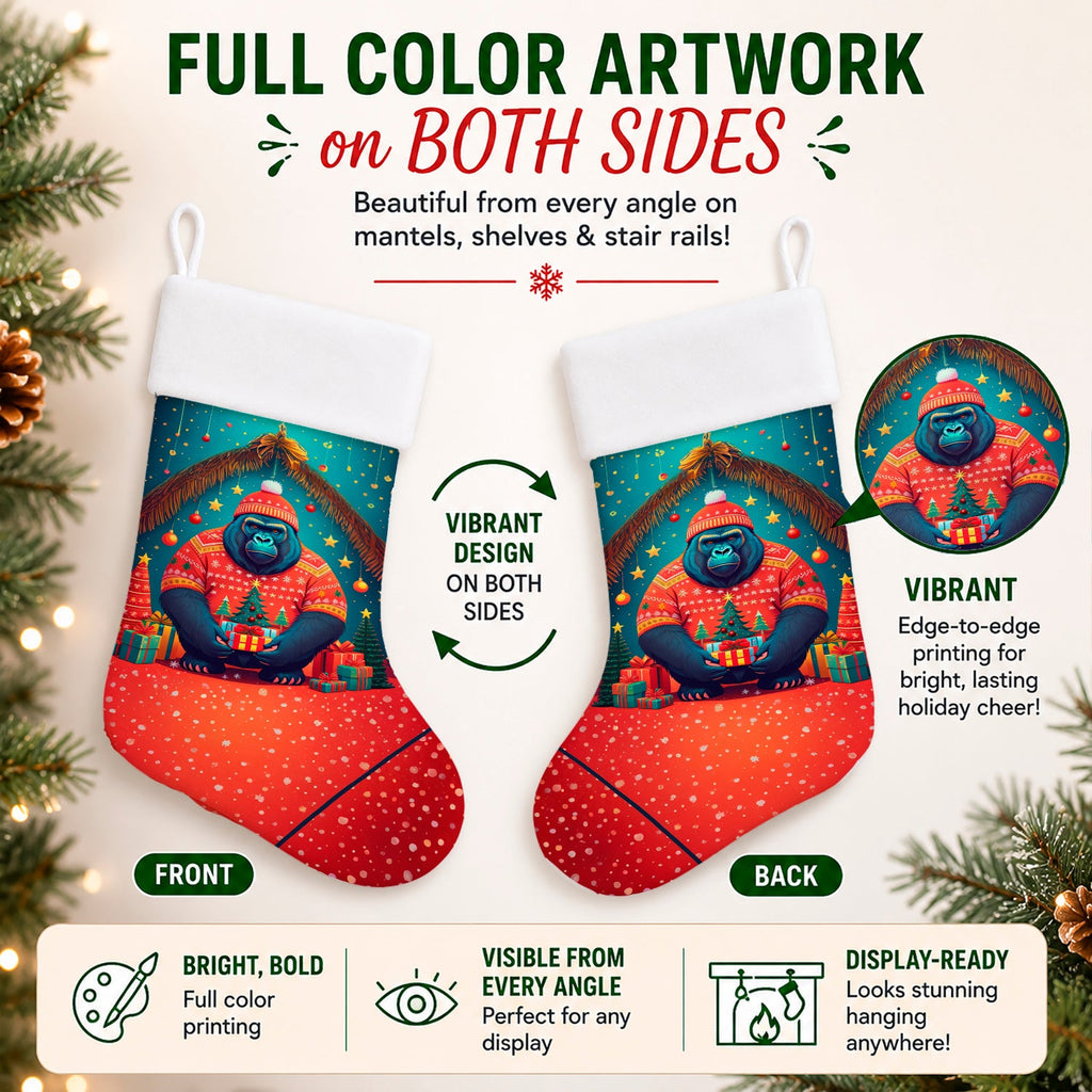 Gorilla Christmas Holiday Stocking Double-Sided Print, Polyester Suede,11x18, Made in USA