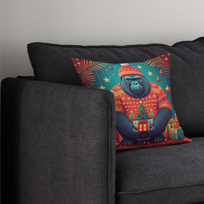 Gorilla Christmas Decorative Throw Pillow 14x14 Indoor Outdoor Accent Cushion, Fabric Cover with Insert for Sofa, Bed, Porch & Living Room