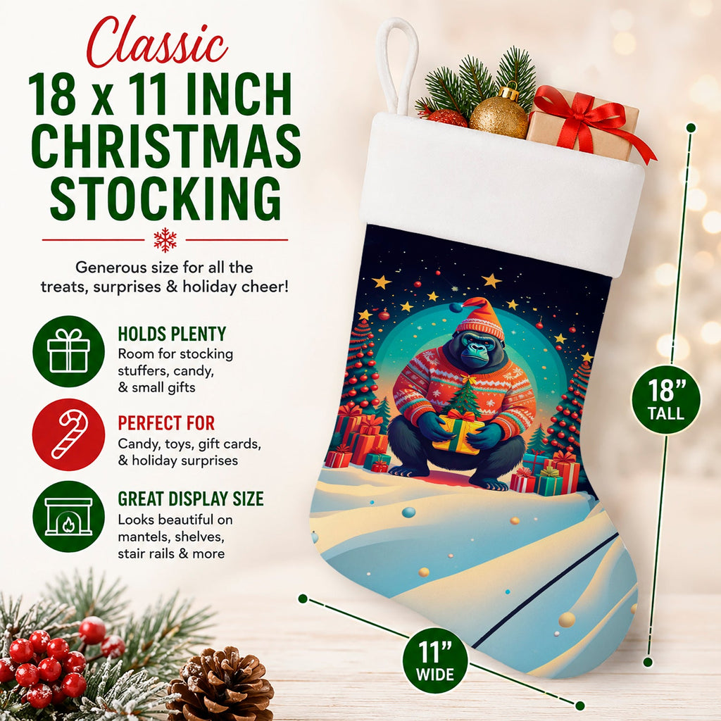 Gorilla Christmas Holiday Stocking Double-Sided Print, Polyester Suede,11x18, Made in USA