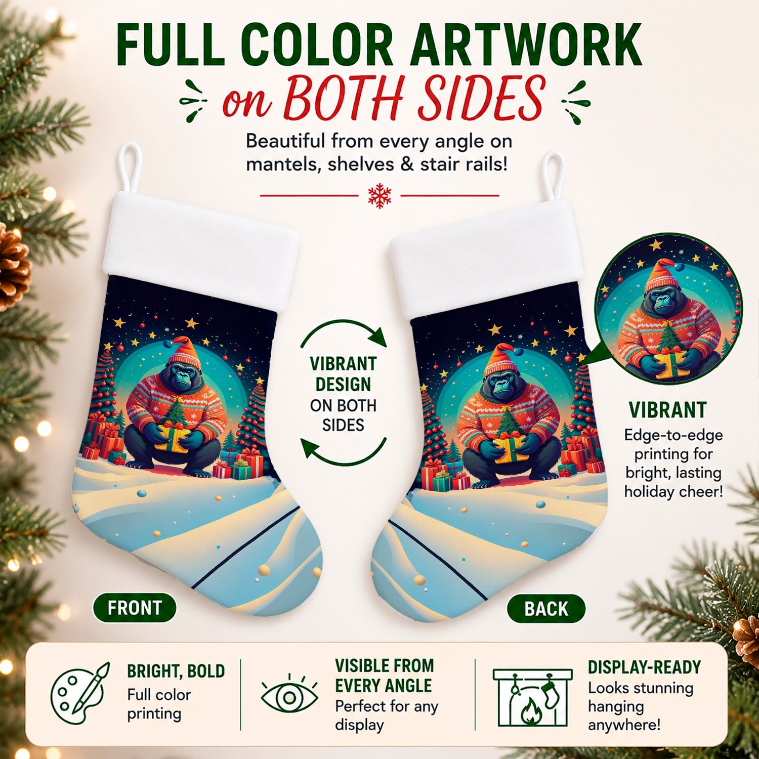 Gorilla Christmas Holiday Stocking Double-Sided Print, Polyester Suede,11x18, Made in USA