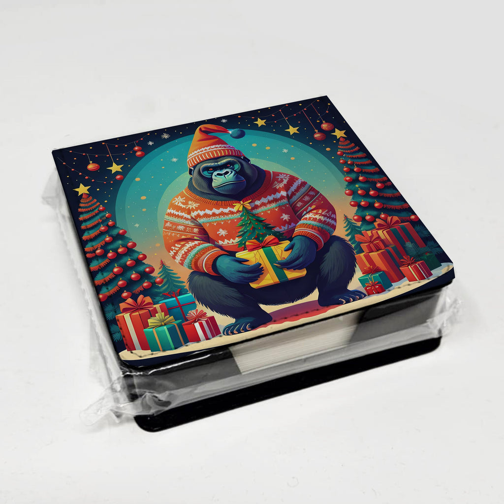 Gorilla Christmas PU Leather Note Paper Holder with Artist-Designed Cover, Desk Accessory, Office Gift