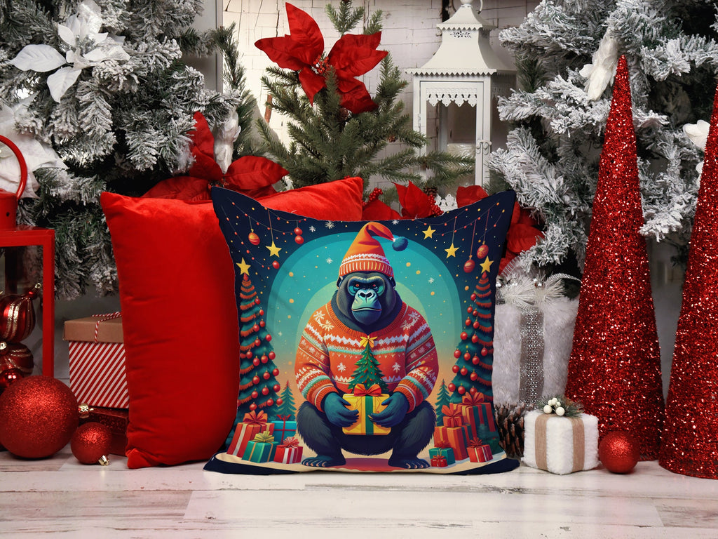 Gorilla Christmas Decorative Throw Pillow 18x18 Indoor Outdoor Accent Cushion, Fabric Cover with Insert for Sofa, Bed, Porch & Living Room