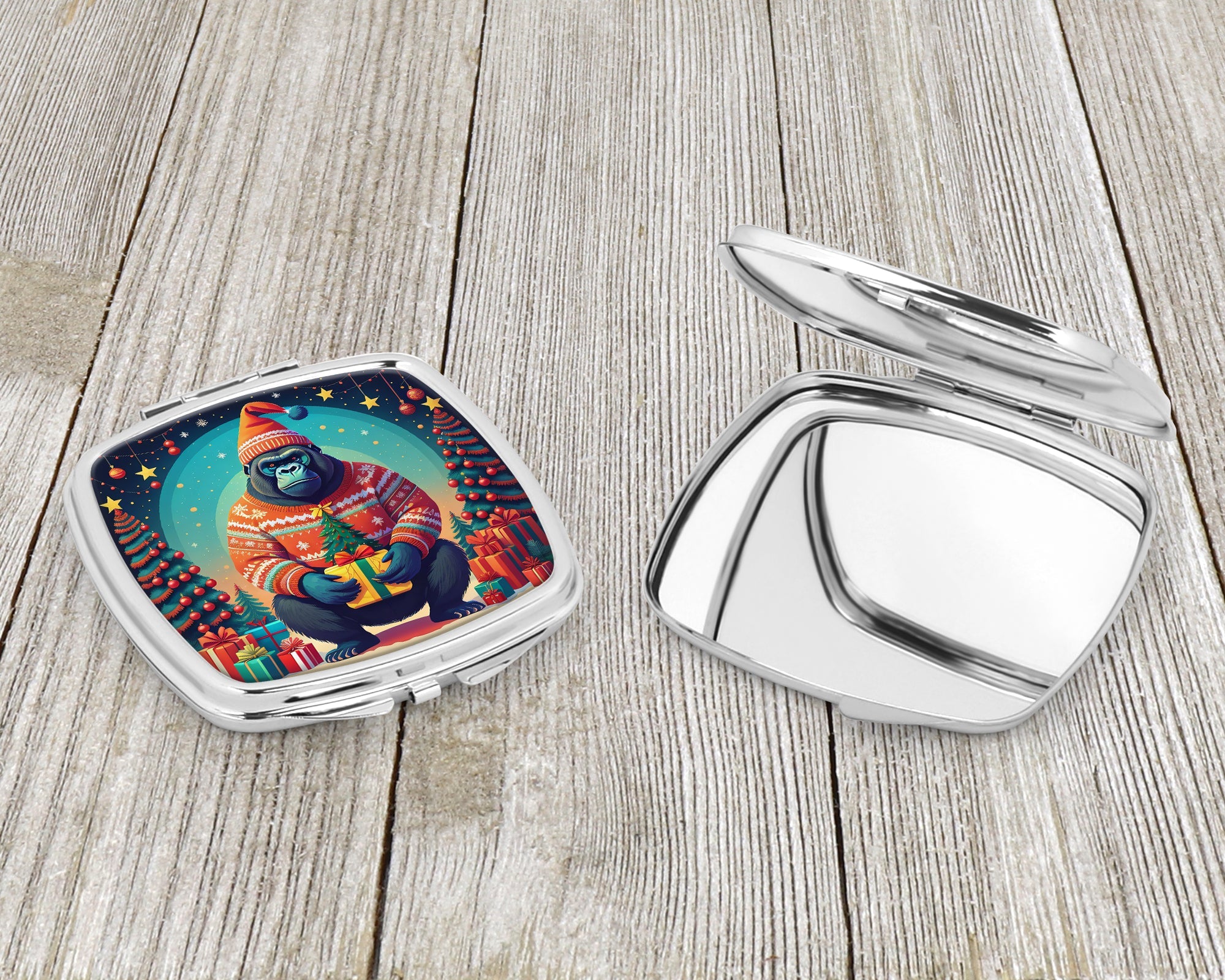 Gorilla Christmas Compact Mirror Decorative Travel Makeup Mirror for Women Girls Gifts Pocket Makeup Mirror Folding Handheld