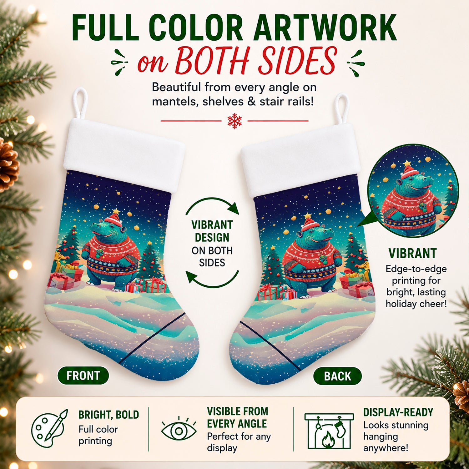 Hippopotamus Christmas Holiday Stocking Double-Sided Print, Polyester Suede,11x18, Made in USA