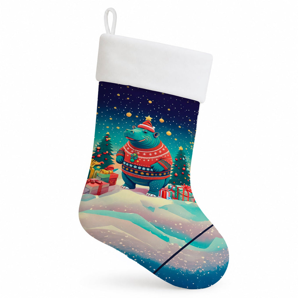 Hippopotamus Christmas Holiday Stocking Double-Sided Print, Polyester Suede,11x18, Made in USA
