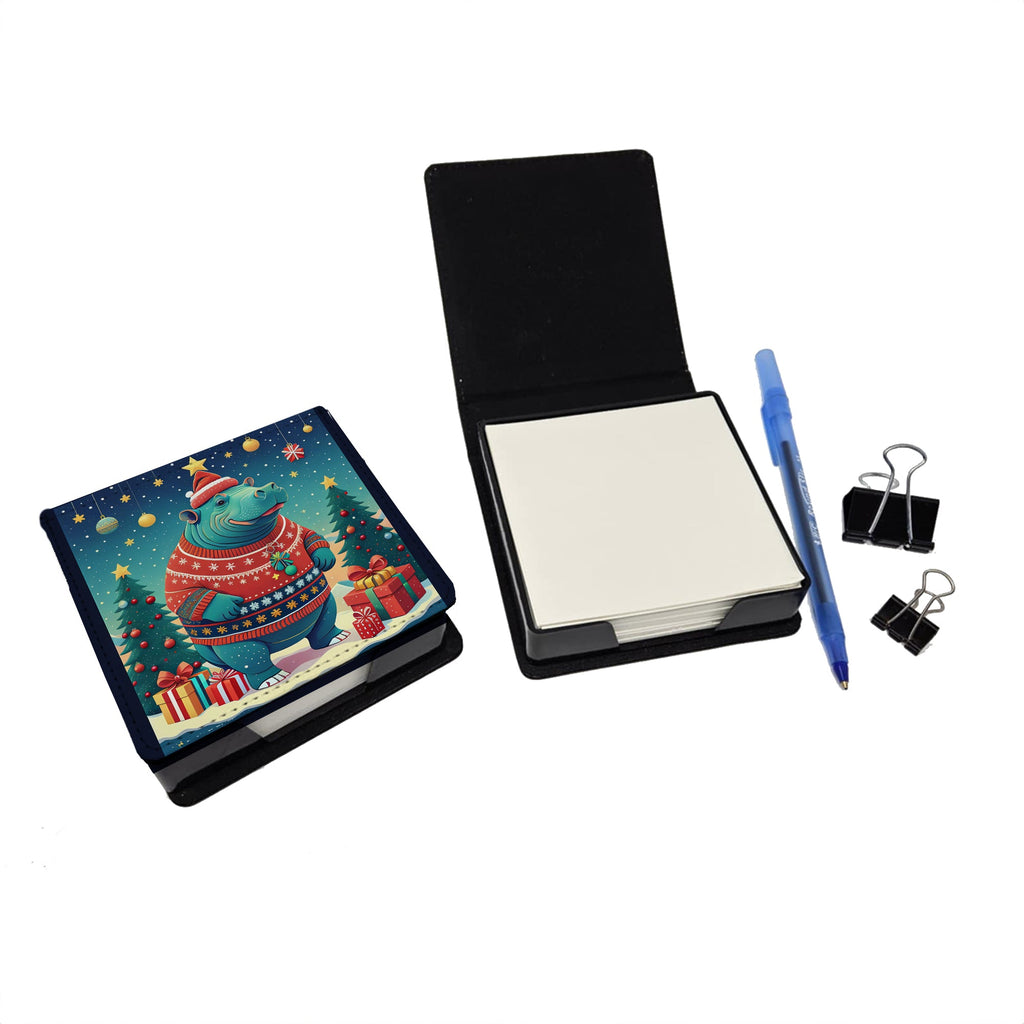 Hippopotamus Christmas PU Leather Note Paper Holder with Artist-Designed Cover, Desk Accessory, Office Gift