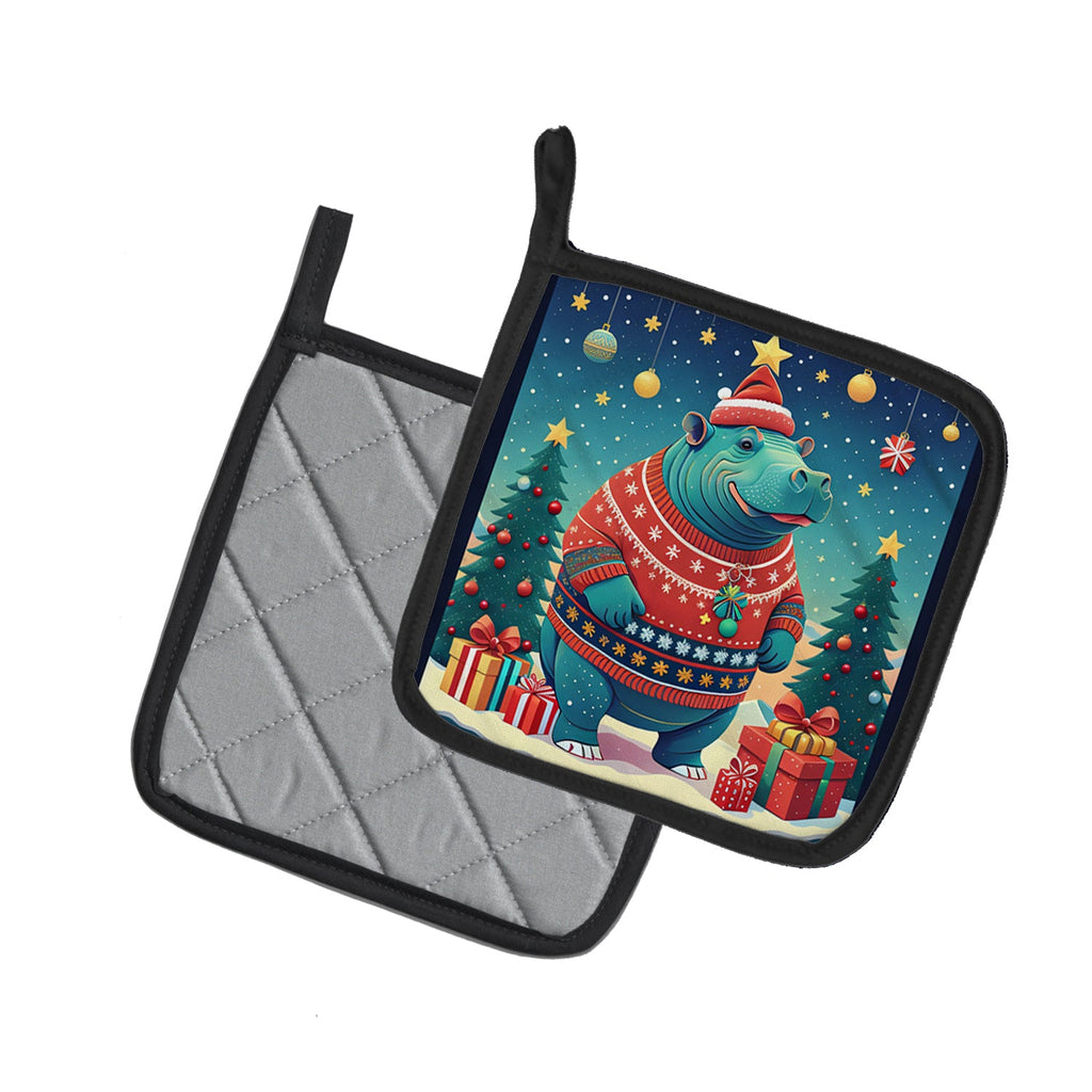 Hippopotamus Christmas Pot Holder Set of 2 Heat Resistant Quilted Hot Pads 7.5 x 7.5 Inch, Insulated Kitchen Trivets for Cooking & Baking