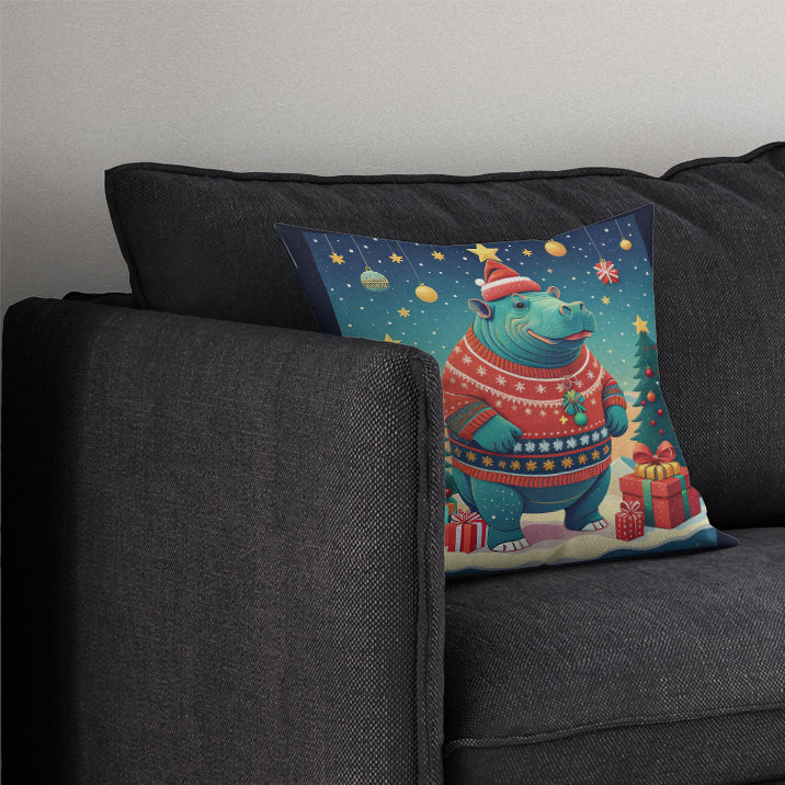 Hippopotamus Christmas Decorative Throw Pillow 14x14 Indoor Outdoor Accent Cushion, Fabric Cover with Insert for Sofa, Bed, Porch & Living Room