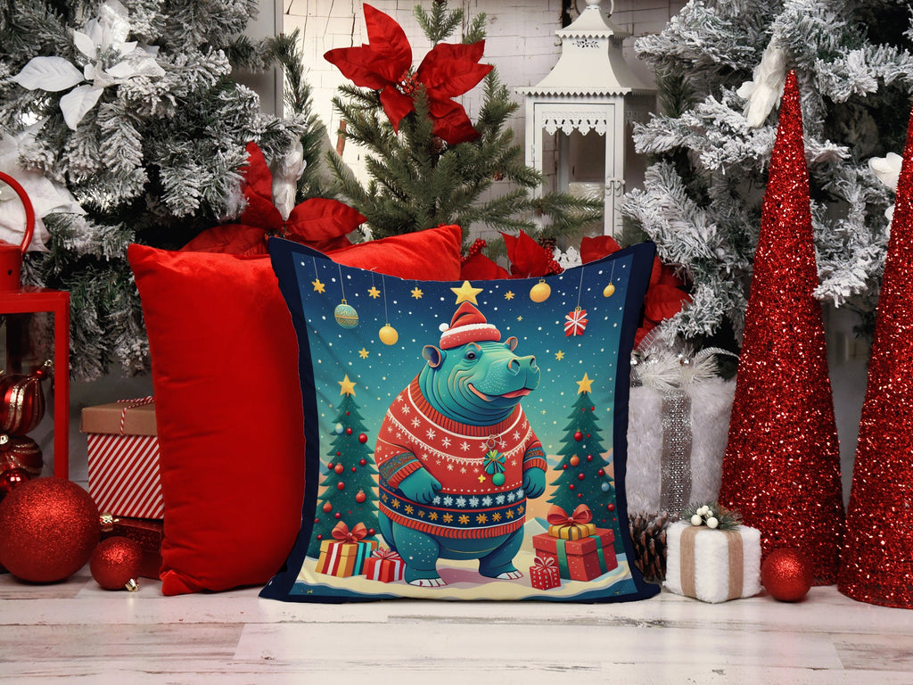 Hippopotamus Christmas Decorative Throw Pillow 18x18 Indoor Outdoor Accent Cushion, Fabric Cover with Insert for Sofa, Bed, Porch & Living Room