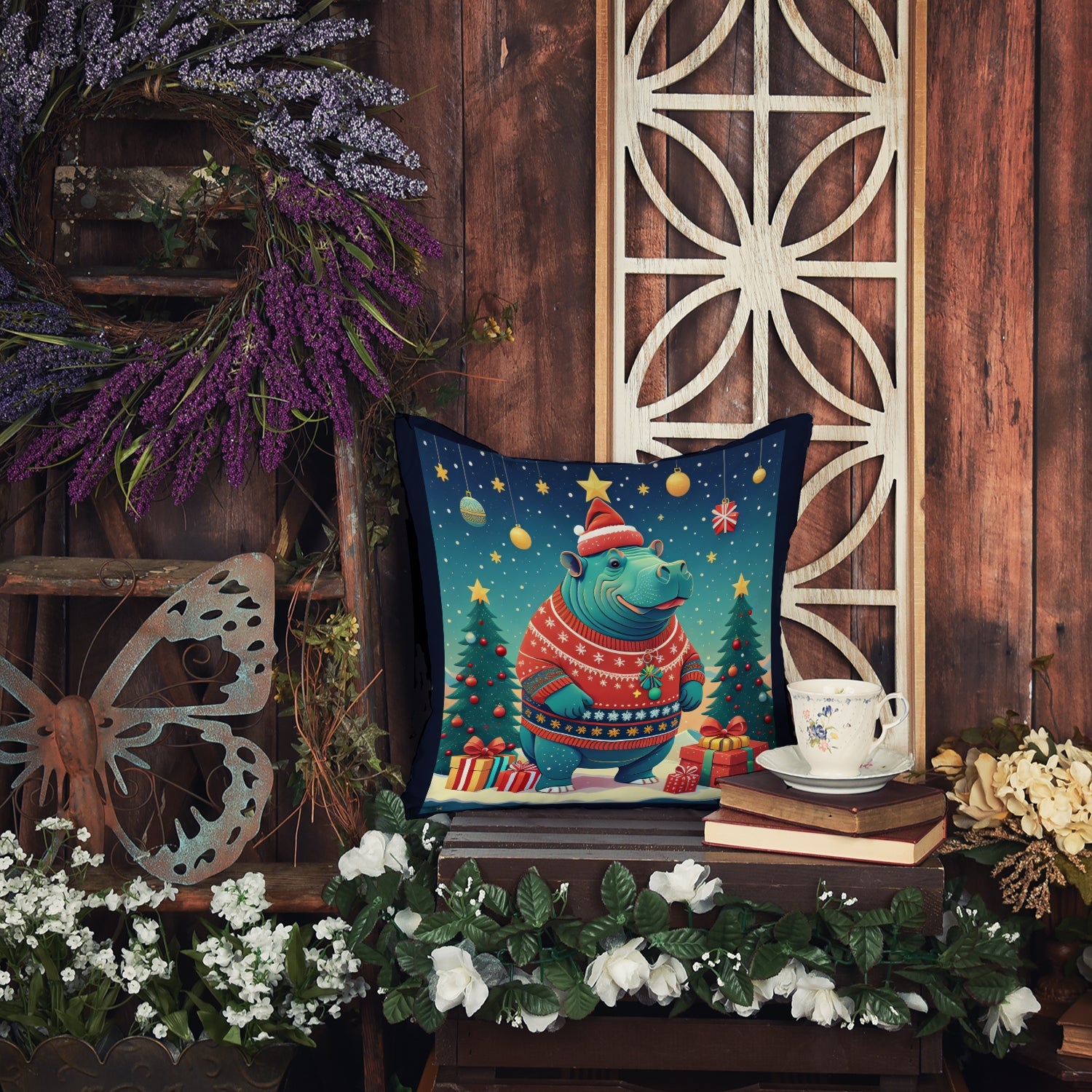 Hippopotamus Christmas Decorative Throw Pillow 18x18 Indoor Outdoor Accent Cushion, Fabric Cover with Insert for Sofa, Bed, Porch & Living Room