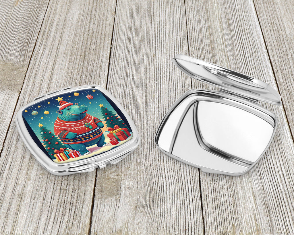 Hippopotamus Christmas Compact Mirror Decorative Travel Makeup Mirror for Women Girls Gifts Pocket Makeup Mirror Folding Handheld