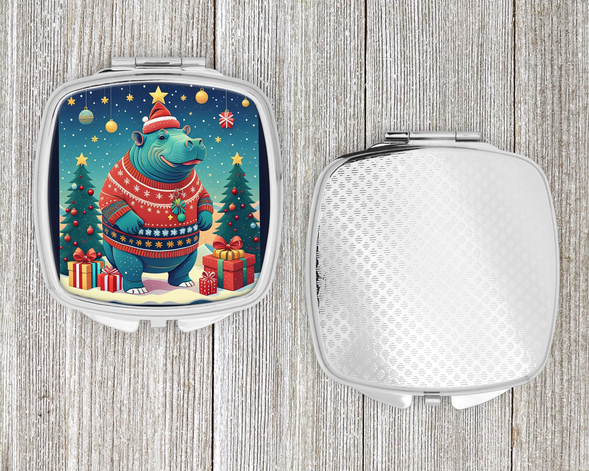 Hippopotamus Christmas Compact Mirror Decorative Travel Makeup Mirror for Women Girls Gifts Pocket Makeup Mirror Folding Handheld