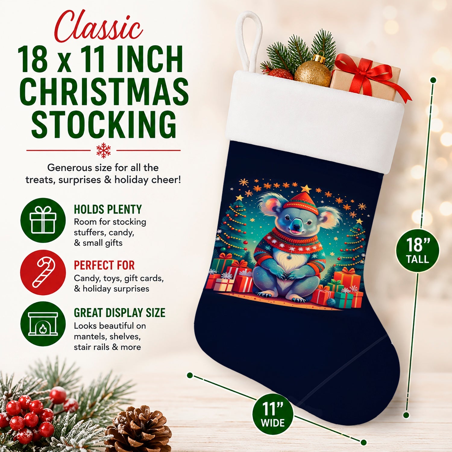 Koala Christmas Holiday Stocking Double-Sided Print, Polyester Suede,11x18, Made in USA