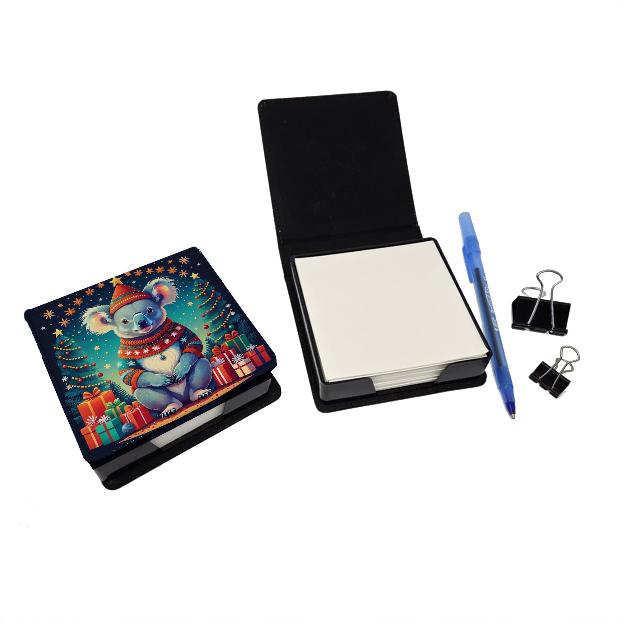 Koala Christmas PU Leather Note Paper Holder with Artist-Designed Cover, Desk Accessory, Office Gift
