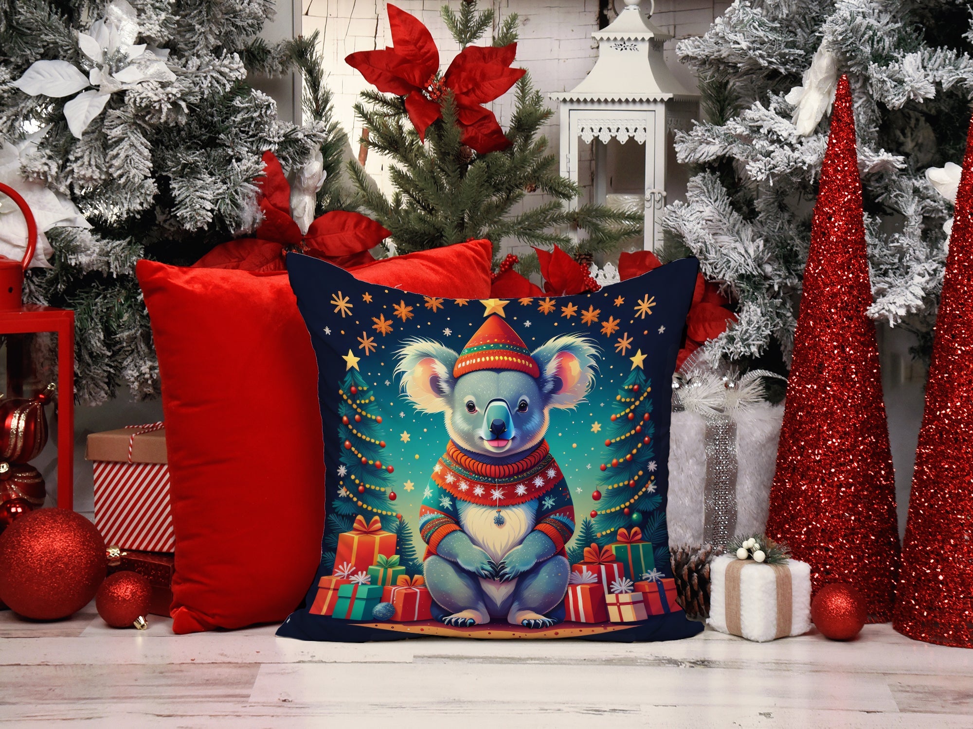 Koala Christmas Decorative Throw Pillow 14x14 Indoor Outdoor Accent Cushion, Fabric Cover with Insert for Sofa, Bed, Porch & Living Room