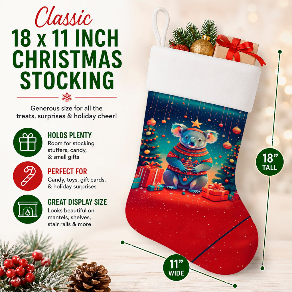 Koala Christmas Holiday Stocking Double-Sided Print, Polyester Suede,11x18, Made in USA
