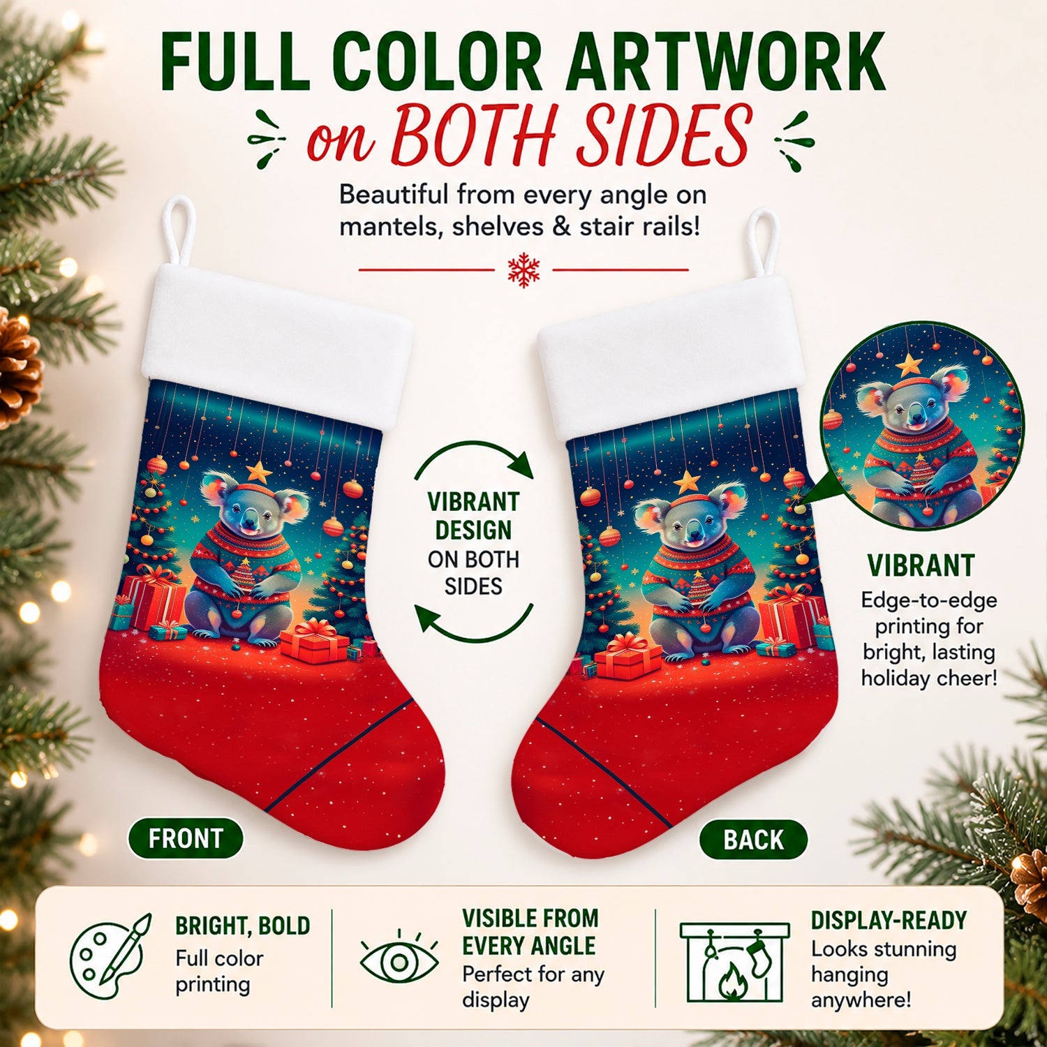 Koala Christmas Holiday Stocking Double-Sided Print, Polyester Suede,11x18, Made in USA