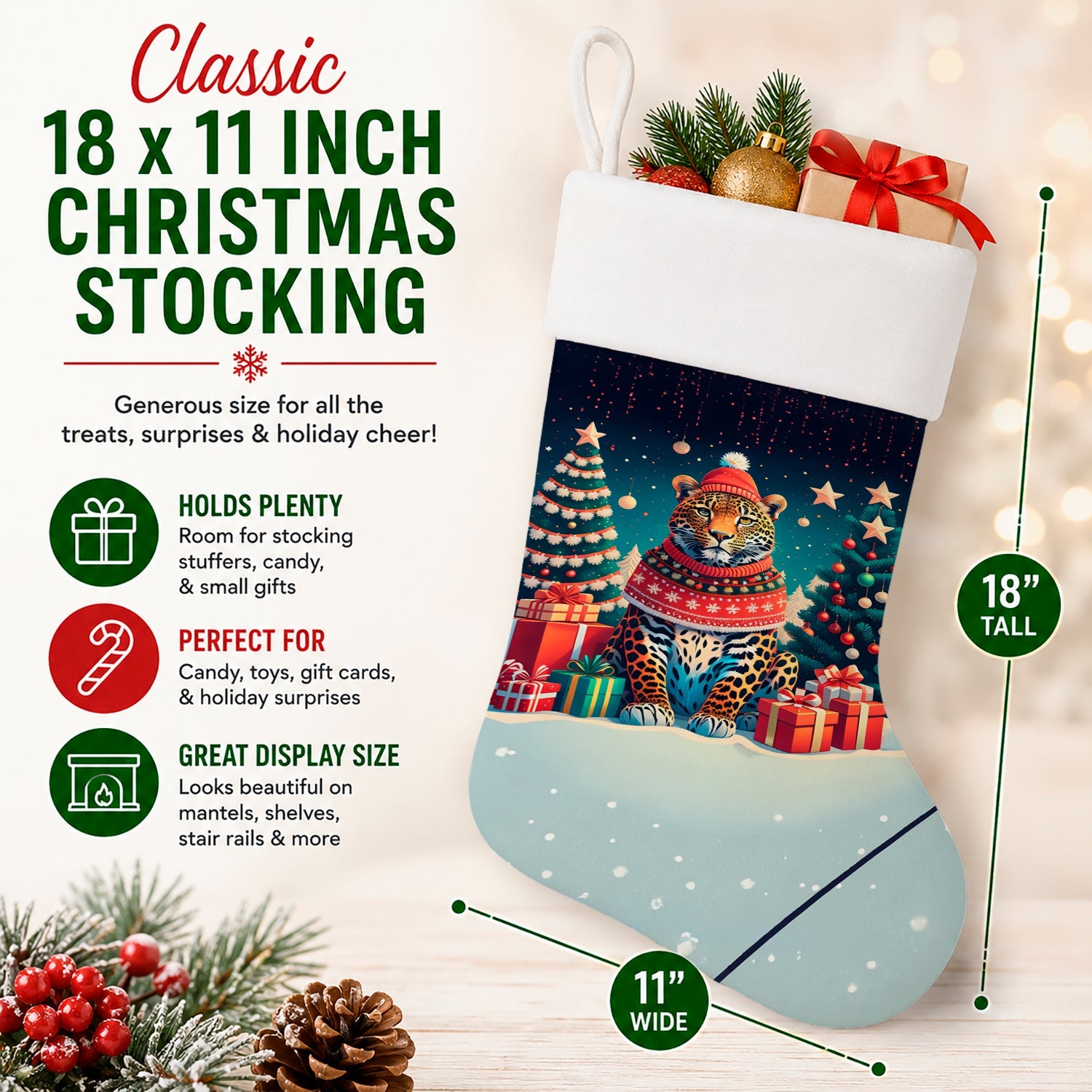 Leopard Christmas Holiday Stocking Double-Sided Print, Polyester Suede,11x18, Made in USA