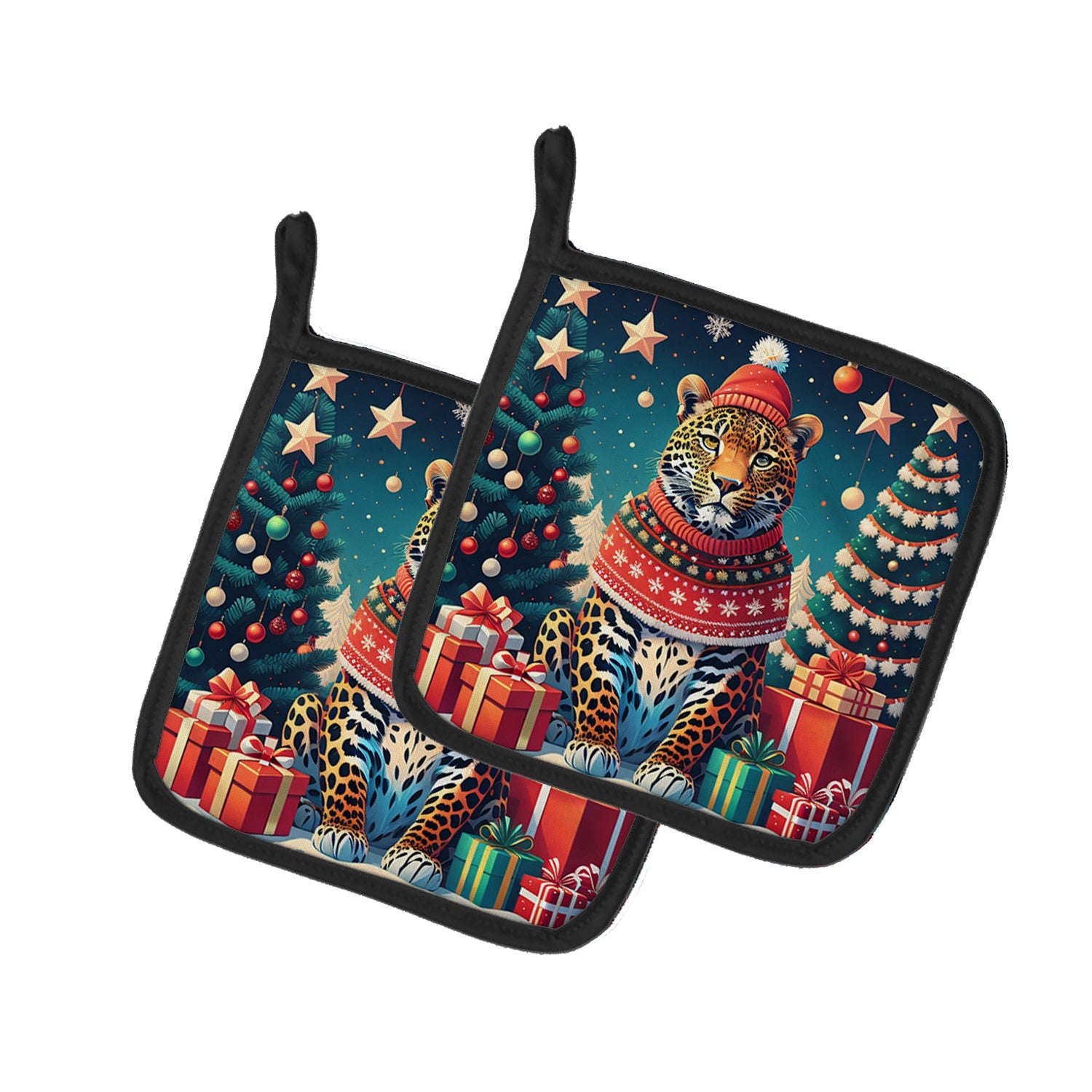 Leopard Christmas Pot Holder Set of 2 Heat Resistant Quilted Hot Pads 7.5 x 7.5 Inch, Insulated Kitchen Trivets for Cooking & Baking