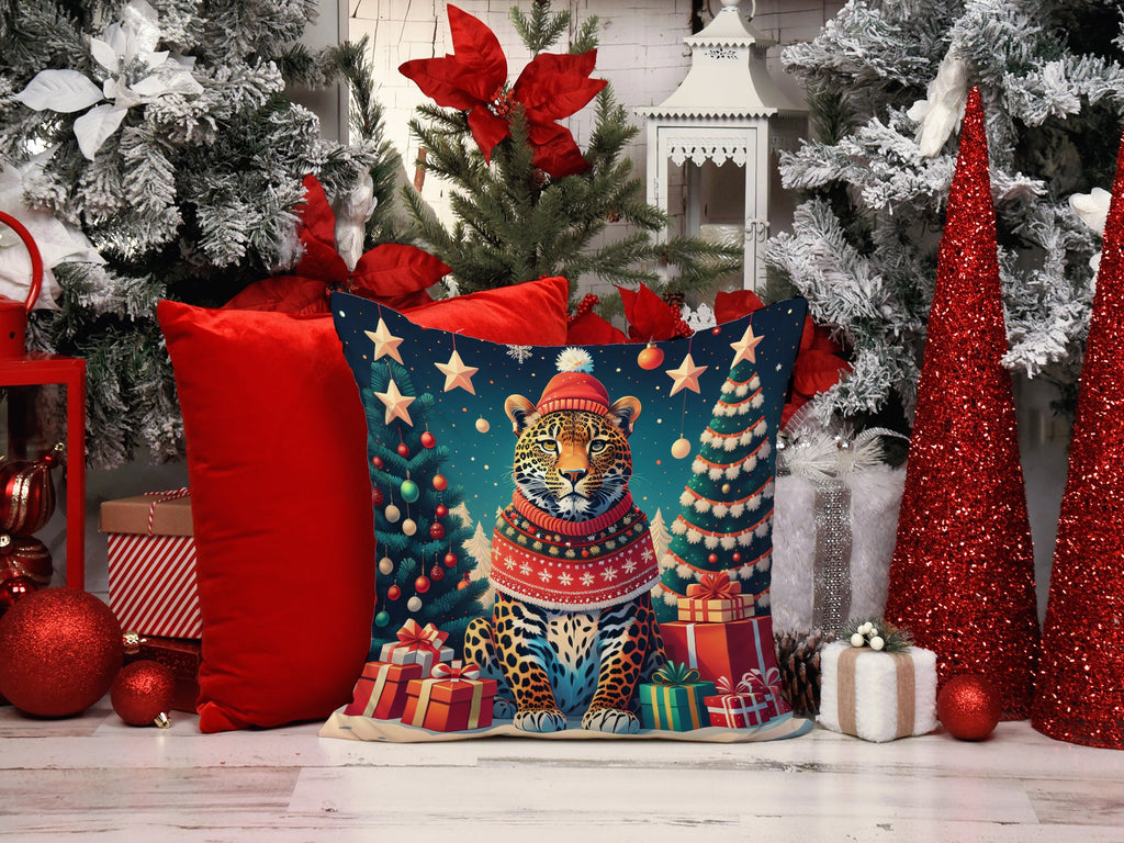 Leopard Christmas Decorative Throw Pillow 14x14 Indoor Outdoor Accent Cushion, Fabric Cover with Insert for Sofa, Bed, Porch & Living Room