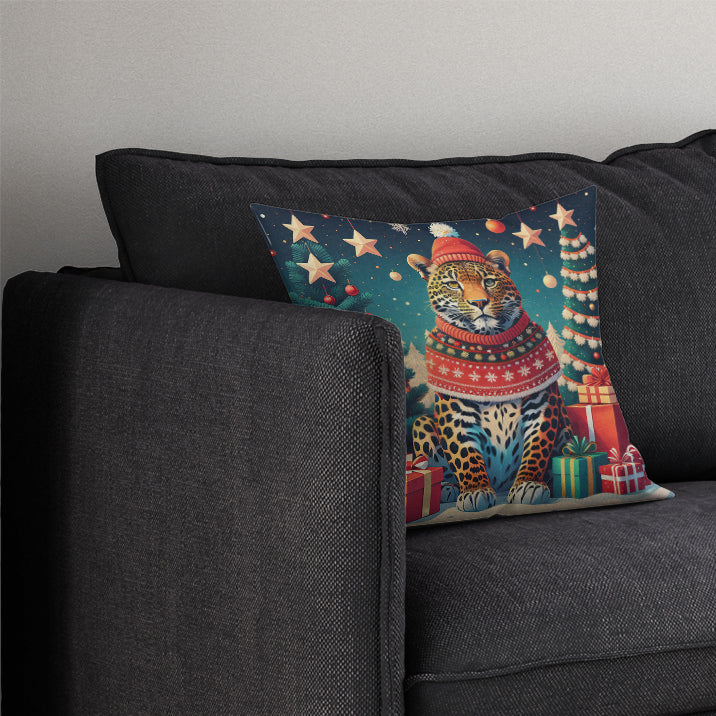 Leopard Christmas Decorative Throw Pillow 14x14 Indoor Outdoor Accent Cushion, Fabric Cover with Insert for Sofa, Bed, Porch & Living Room