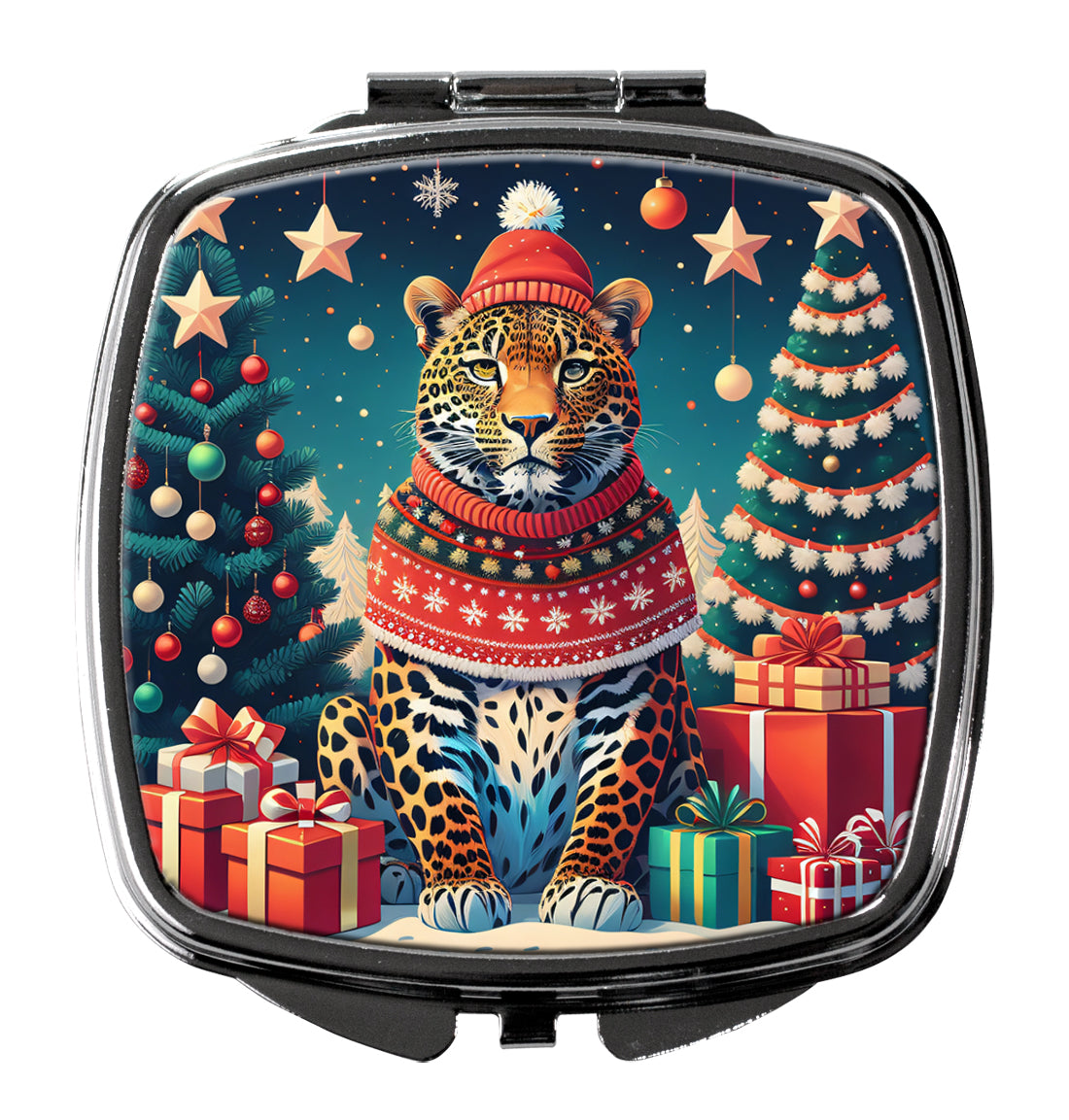 Leopard Christmas Compact Mirror Decorative Travel Makeup Mirror for Women Girls Gifts Pocket Makeup Mirror Folding Handheld