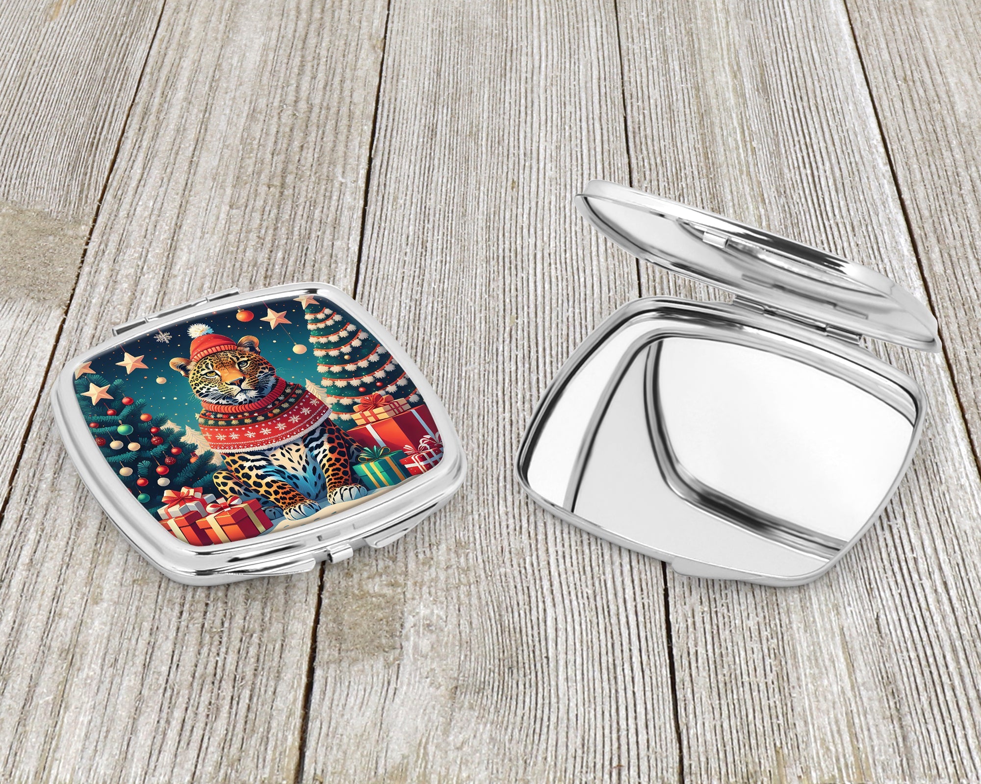 Leopard Christmas Compact Mirror Decorative Travel Makeup Mirror for Women Girls Gifts Pocket Makeup Mirror Folding Handheld