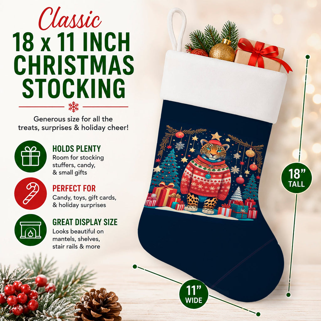 Leopard Christmas Holiday Stocking Double-Sided Print, Polyester Suede,11x18, Made in USA