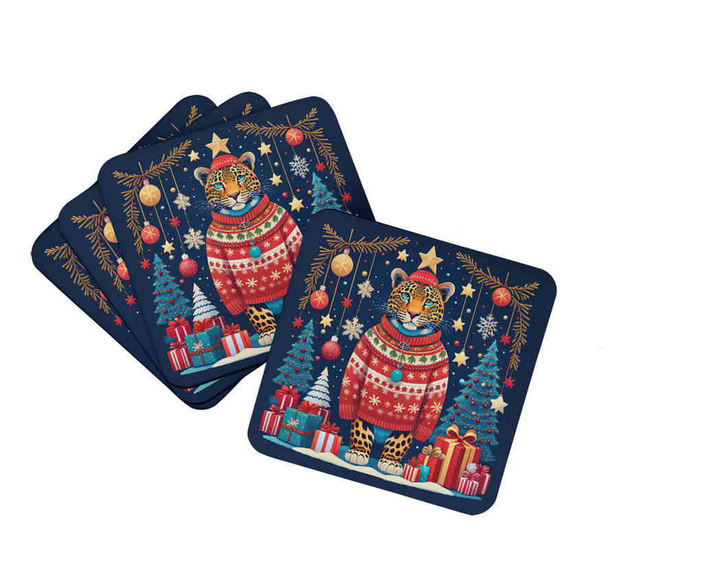 Leopard Christmas Foam Coasters Set of 4 Cup Coasters for Indoor Outdoor, Tabletop Protection, Anti Slip, Mouse pad Material