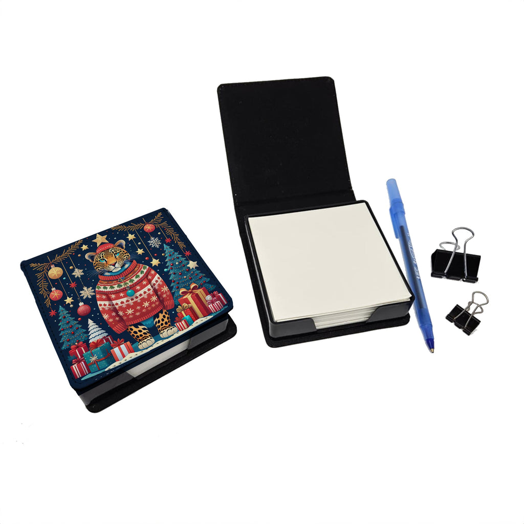 Leopard Christmas PU Leather Note Paper Holder with Artist-Designed Cover, Desk Accessory, Office Gift