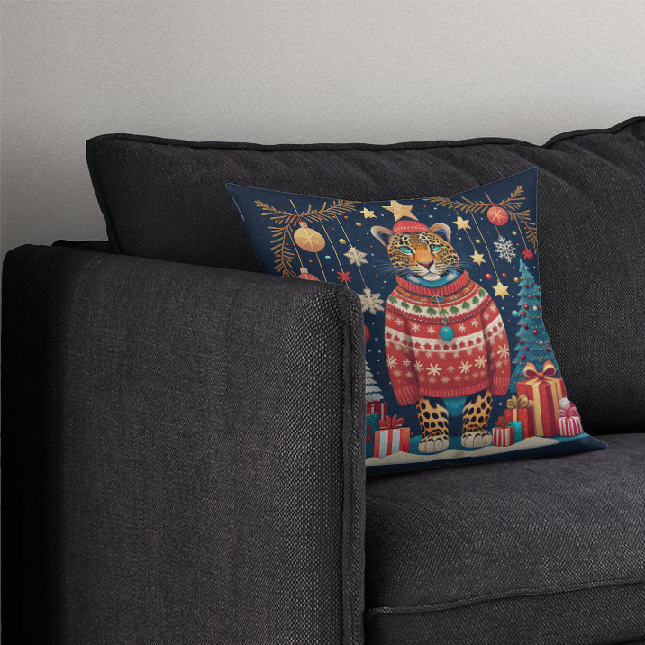 Leopard Christmas Decorative Throw Pillow 14x14 Indoor Outdoor Accent Cushion, Fabric Cover with Insert for Sofa, Bed, Porch & Living Room