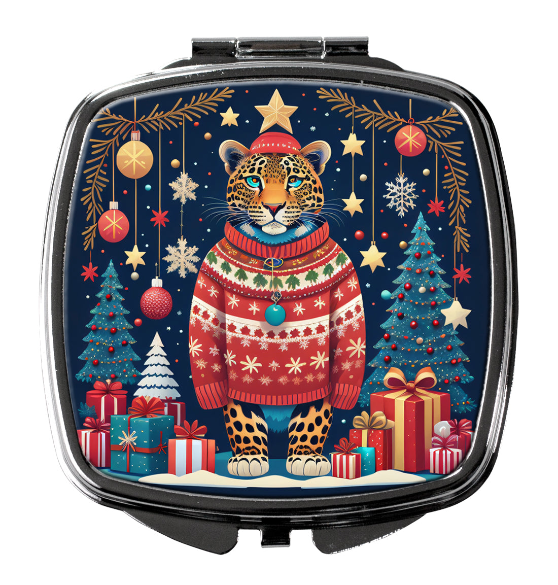 Leopard Christmas Compact Mirror Decorative Travel Makeup Mirror for Women Girls Gifts Pocket Makeup Mirror Folding Handheld