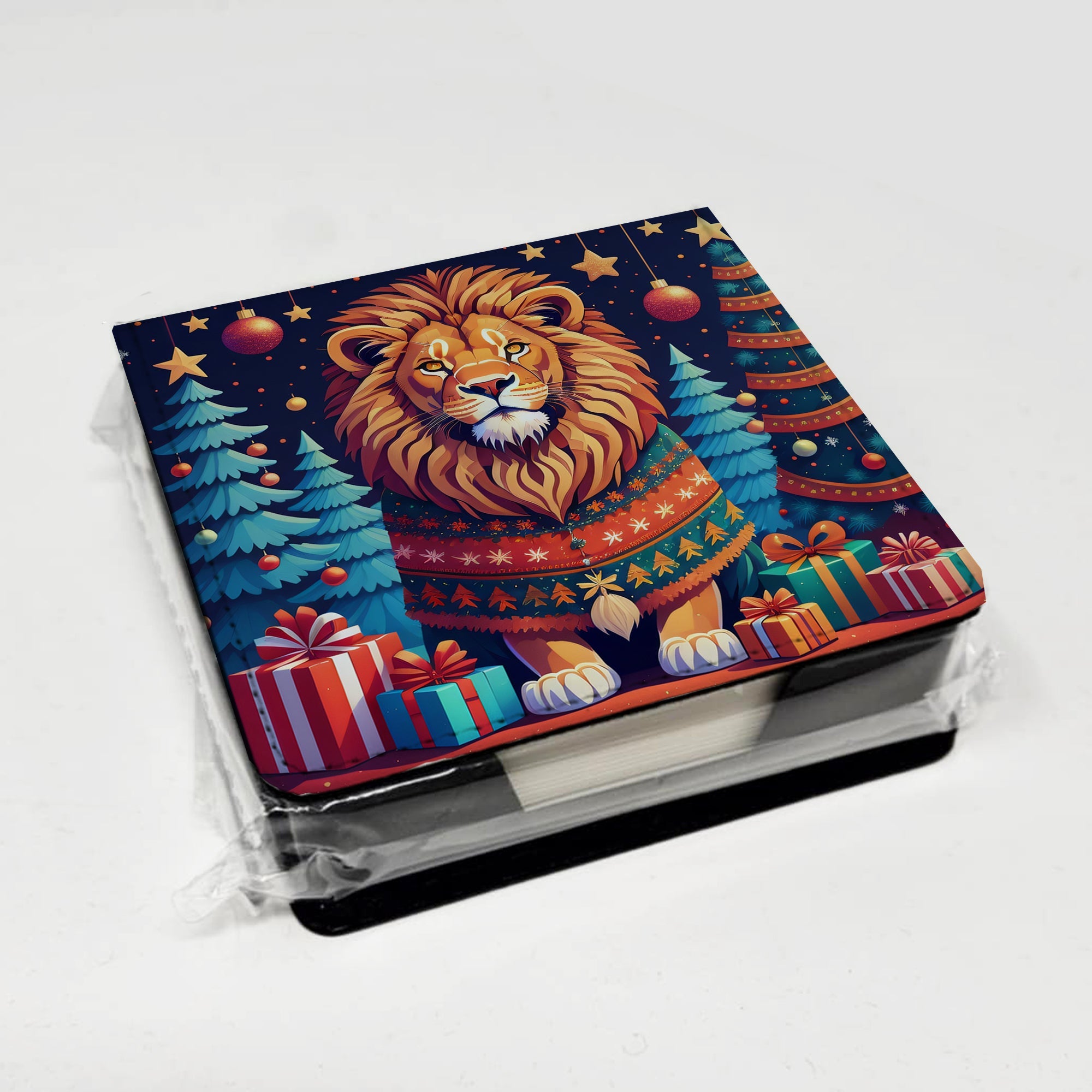 Lion Christmas PU Leather Note Paper Holder with Artist-Designed Cover, Desk Accessory, Office Gift