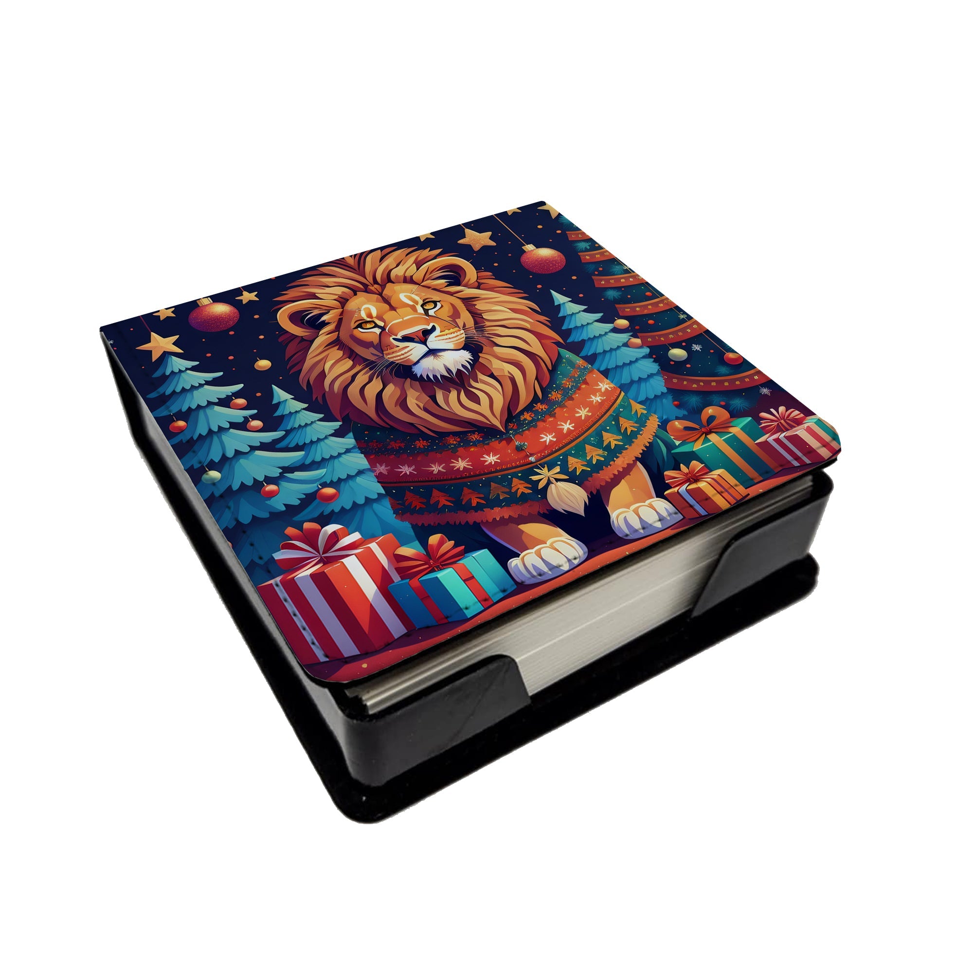 Lion Christmas PU Leather Note Paper Holder with Artist-Designed Cover, Desk Accessory, Office Gift