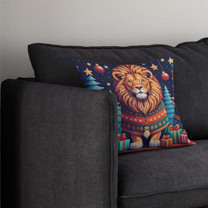 Lion Christmas Decorative Throw Pillow 14x14 Indoor Outdoor Accent Cushion, Fabric Cover with Insert for Sofa, Bed, Porch & Living Room