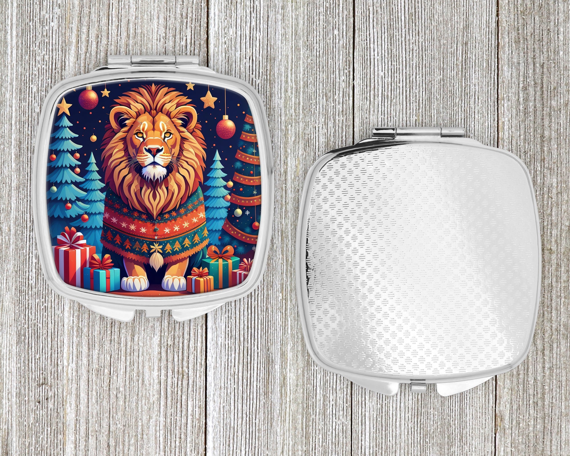 Lion Christmas Compact Mirror Decorative Travel Makeup Mirror for Women Girls Gifts Pocket Makeup Mirror Folding Handheld